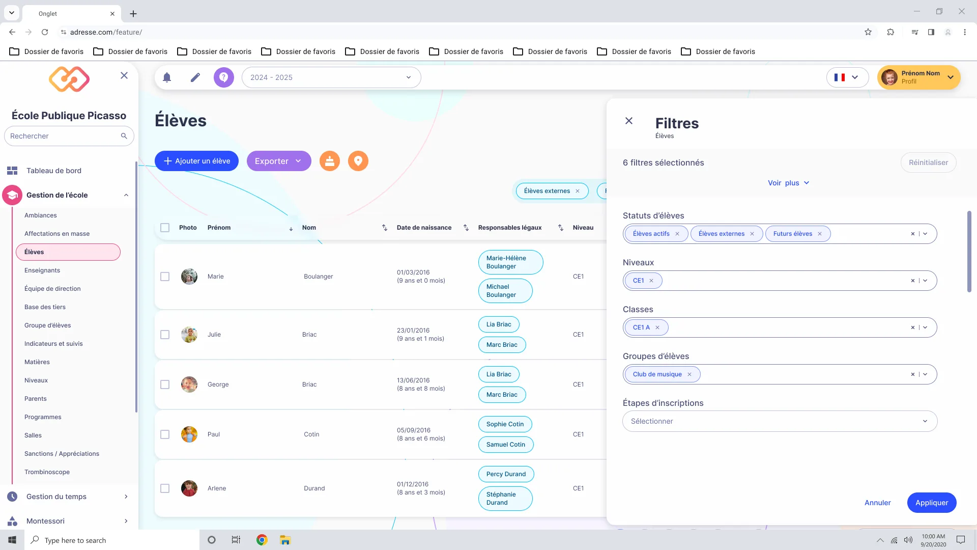 Logiciel gestion scolaire École Futée - interface tableau de bord