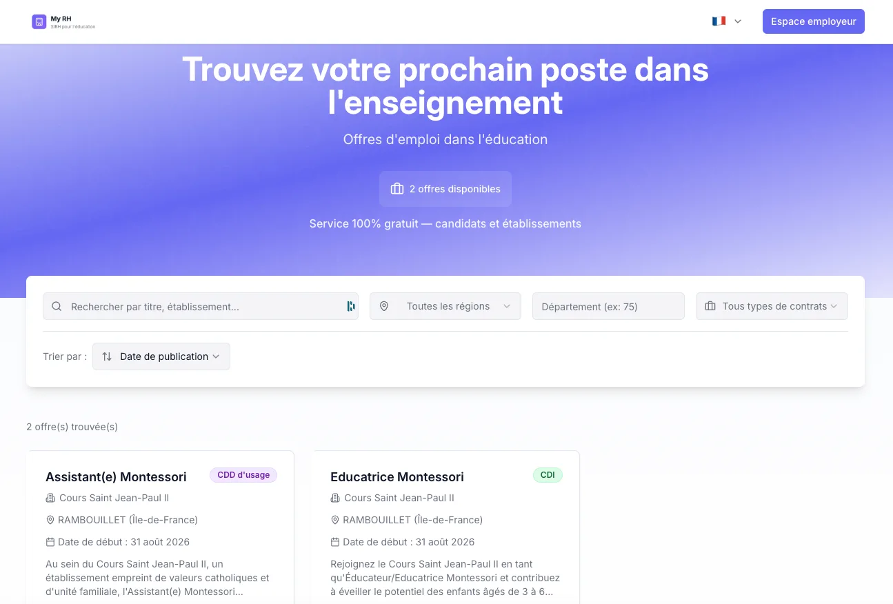 Job board recrutement enseignants MyRH École Futée