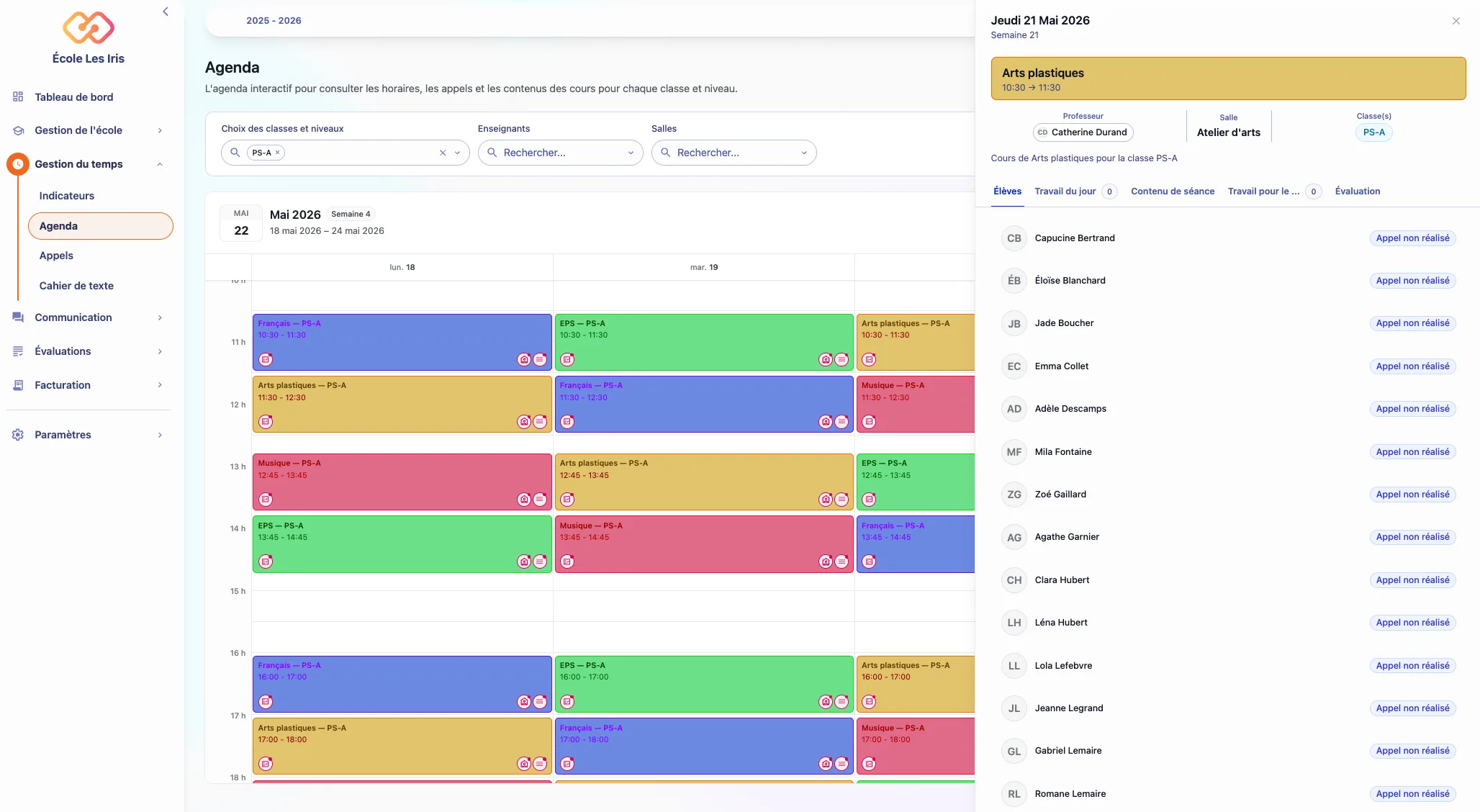 Agenda interactif des cours avec gestion des appels et absences