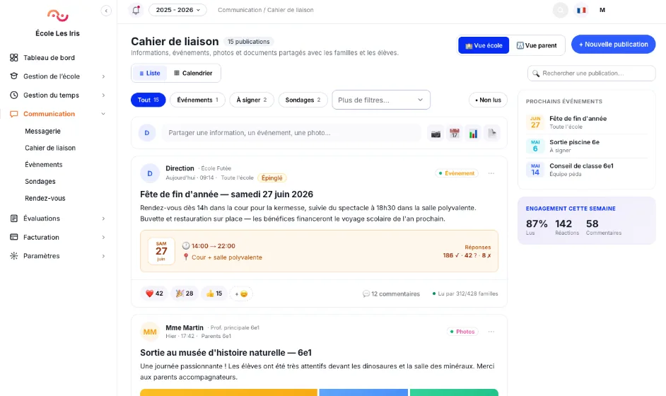Cahier de liaison numérique avec événements, sondages et communications