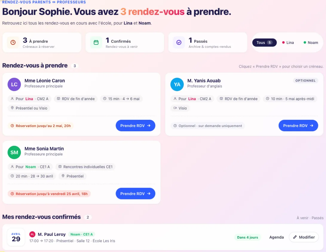 Interface parent pour prendre rendez-vous avec les professeurs - École Futée